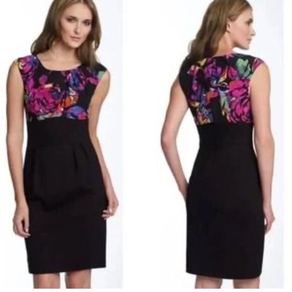 Trina Turk Silk Pleated Sheath Dress Black Pink Size 6 - Picture 1 of 8